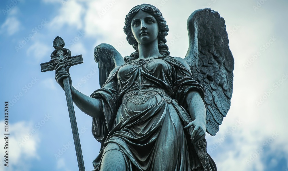 Winged figure holds cross, serene expression, cloudy sky. Winged figure holds cross, serene expression, cloudy sky.