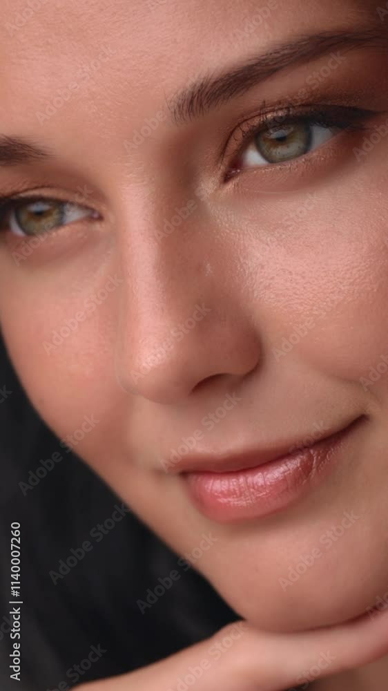 Close-up of a woman with natural makeup, gently touching her face, highlighting her radiant skin and soft features. Perfect for beauty, skincare, and cosmetic product promotions, this image exudes Close-up of a woman with natural makeup, gently touching her face, highlighting her radiant skin and soft features. Perfect for beauty, skincare, and cosmetic product promotions, this image exudes