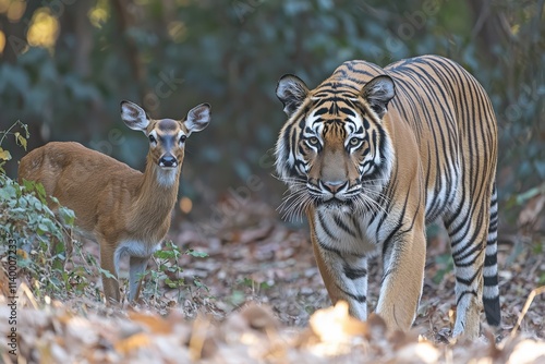 Majestic tiger intently observing a young deer in a forest setting; wildlife encounter, predator and prey.