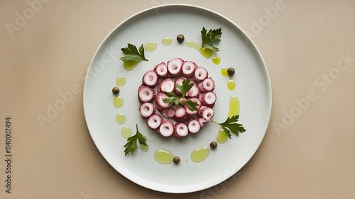 Wallpaper Mural Octopus carpaccio thinly sliced, drizzled with olive oil and lemon, garnished with capers and parsley on minimalist white plate Torontodigital.ca