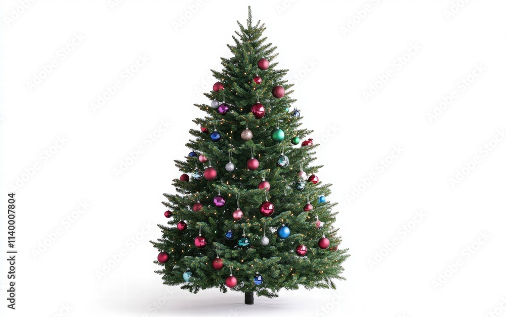 Decorated christmas tree with ornaments and lights, bright white background for festive holiday designs Decorated christmas tree with ornaments and lights, bright white background for festive holiday designs