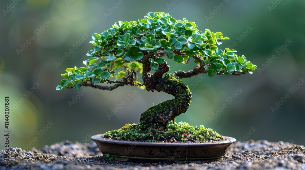 A beautifully styled bonsai tree in a pot, showcasing intricate foliage and twisting branches.