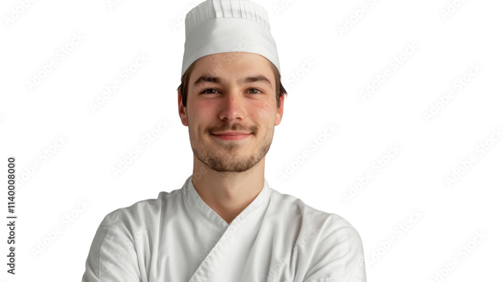Culinary expert in a crisp white uniform smiles confidently against a vibrant blue backdrop Culinary expert in a crisp white uniform smiles confidently against a vibrant blue backdrop