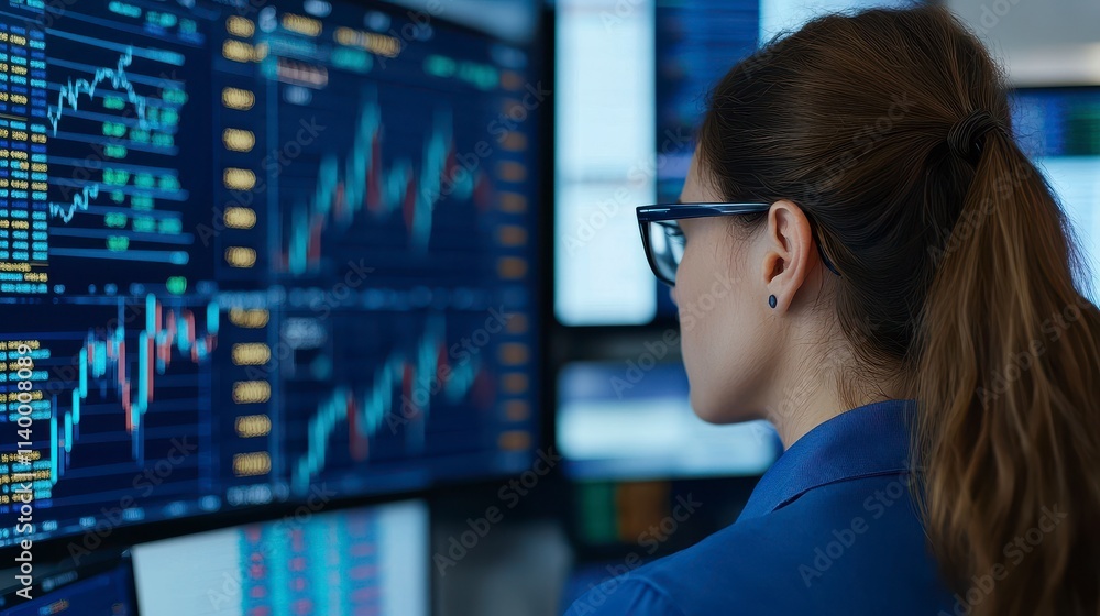 Woman Analyst Studying Financial Market Data on Monitors Woman Analyst Studying Financial Market Data on Monitors