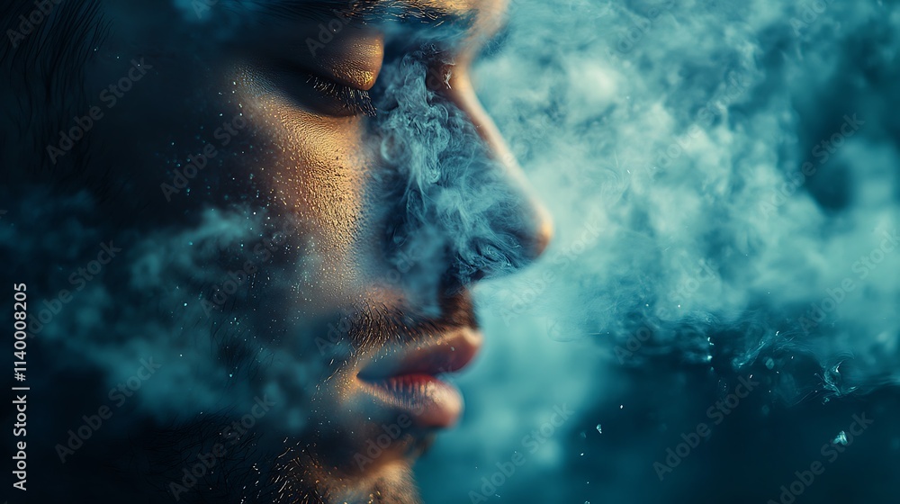 A dramatic close-up of a person’s face in the cold, exhaling vapor that transforms into a passing cloud overhead, vibrant sky tones, sharp contrast between the person and the misty breath, A dramatic close-up of a person’s face in the cold, exhaling vapor that transforms into a passing cloud overhead, vibrant sky tones, sharp contrast between the person and the misty breath,