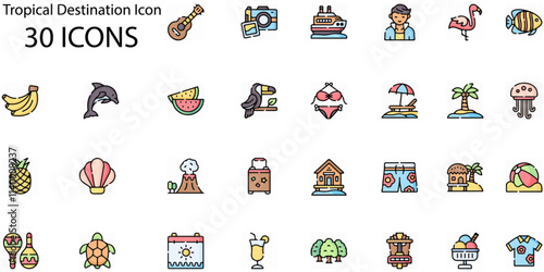Set of Tropical Destination icons. Line art style icons bundle. vector illustration