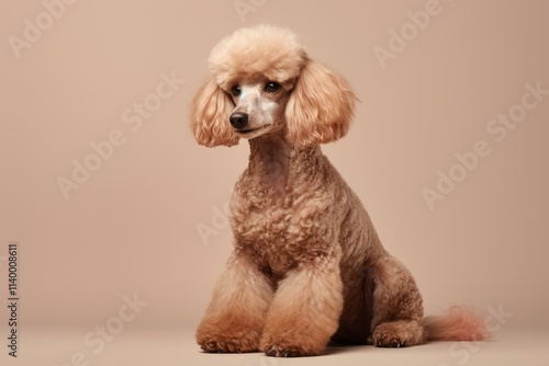 Small apricot poodle sitting on a beige background, showcasing its fluffy fur and elegant pose