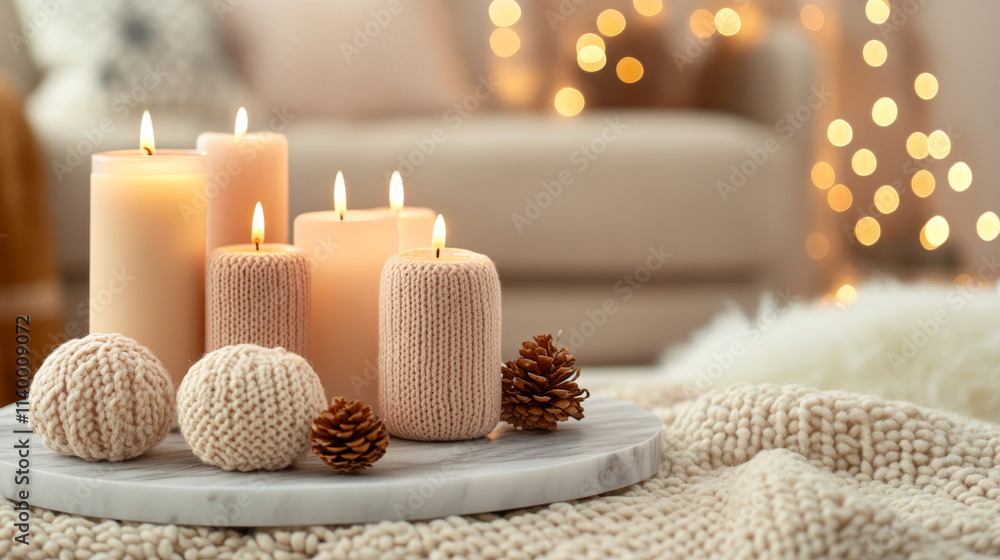 Cozy candles and decorative elements create warm atmosphere in stylish living room. soft textures and gentle glow evoke sense of comfort and relaxation Cozy candles and decorative elements create warm atmosphere in stylish living room. soft textures and gentle glow evoke sense of comfort and relaxation