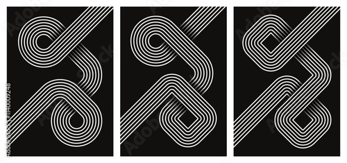 Set of abstract black and white posters with geometric line art featuring interconnected curves and shapes. Design for backgrounds, modern design, posters and minimalistic artwork. Vector illustration