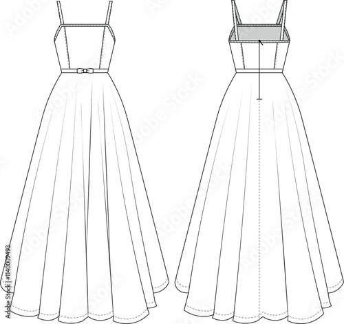 elbow belted sleeveless strappy strapped princess darted fit and flared zippered long maxi dress gown bride gown  template technical drawing flat sketch cad mockup fashion woman design style model 
