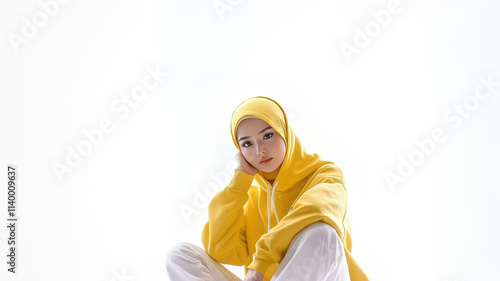 A Muslim woman wearing a yellow hoodie with a white pair of joggers is exercising outdoors, blending between culture and fashion of modest fashion and active lifestyle. photo