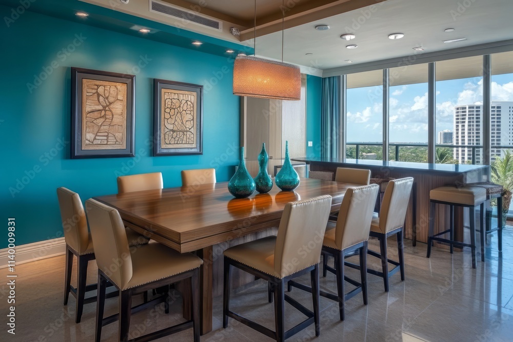 Fototapeta premium Modern teal dining room with ocean view