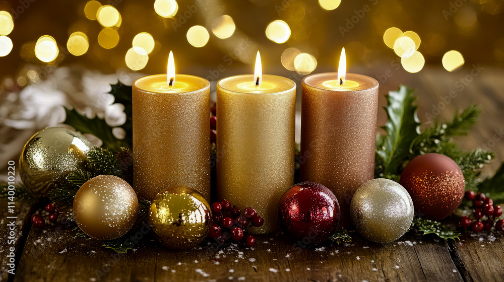 Four elegant candles of varying heights, surrounded by a mix of shiny and matte Christmas tree balls in traditional holiday colors like red, gold, and silver. Four elegant candles of varying heights, surrounded by a mix of shiny and matte Christmas tree balls in traditional holiday colors like red, gold, and silver.