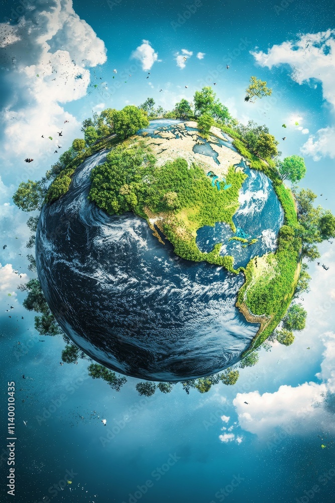 Fototapeta premium Lush green planet, blue oceans, fluffy clouds.