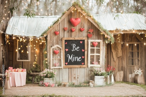 Wooden house with a blackboard that says 