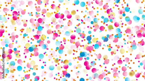 A seamless pattern of colorful dots and glitter on a white background.