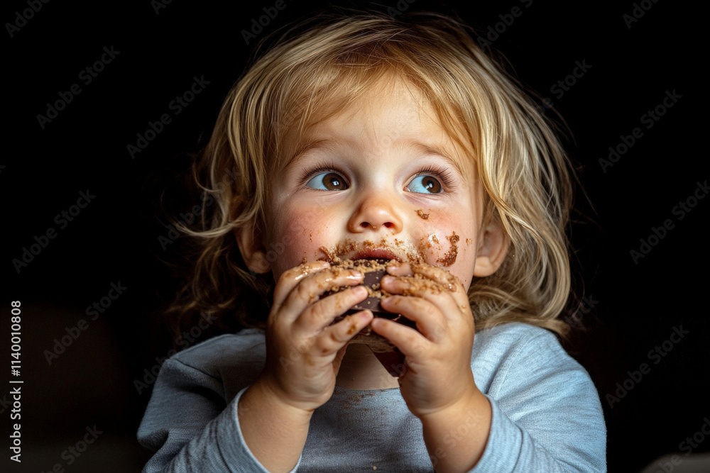 Toddler girl eating chocolate snack with dirty face on black background Toddler girl eating chocolate snack with dirty face on black background