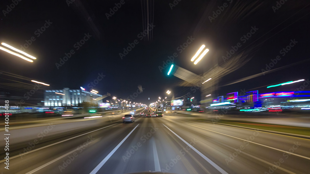 Naklejka premium Drive through Traffic of cars in Moscow city streets, timelapse hyperlapse Russia
