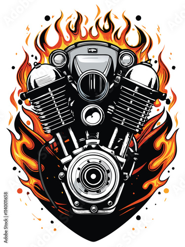 Close-up shot of a meticulously detailed custom motorcycle engine, engulfed in vibrant flames, showcasing intricate mechanical components and modifications.