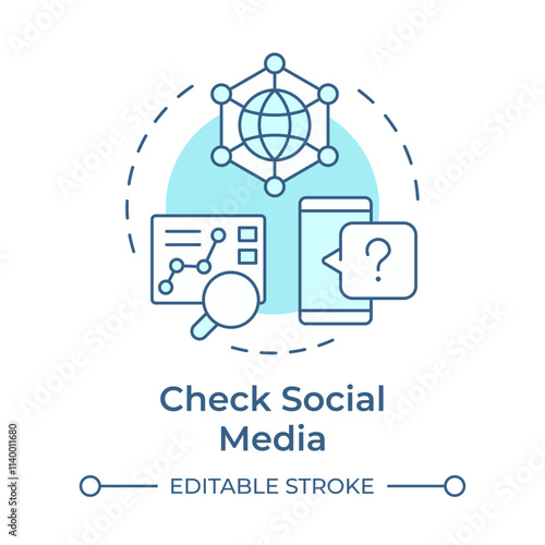 Check social media soft blue concept icon. Analyzing content generating active interactions. SMM strategy. Round shape line illustration. Abstract idea. Graphic design. Easy to use in infographic
