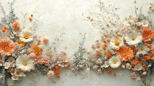A stylized arrangement of voluminous daisies and wildflowers with intricate petal details, floating on an off-white textured background