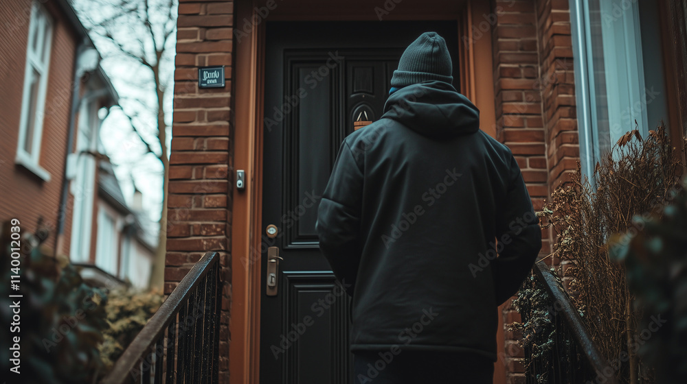person standing outside a door, on a residential street person standing outside a door, on a residential street