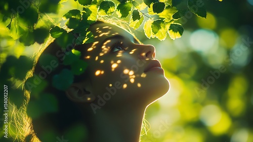 A poetic image of a person gazing upward as sunlight filters through the leaves above, creating dappled patterns on their face and body, vibrant greens surrounding them, cinematic depth. --ar 16:9 photo