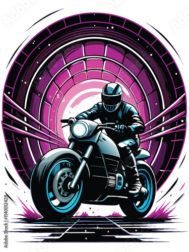 A futuristic motorcycle racer speeds through a vibrant neon-lit tunnel, showcasing cyberpunk aesthetics.