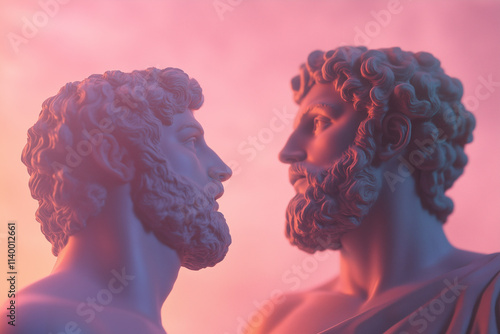 Statues of Greek gods on a pink background. Two men on a pink background. A couple of men in love. Same-sex love. Same-sex marriage.  photo