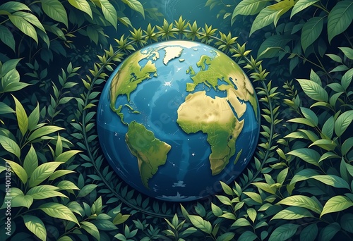 A vector globe surrounded by plants, symbolizing environmental sustainability photo