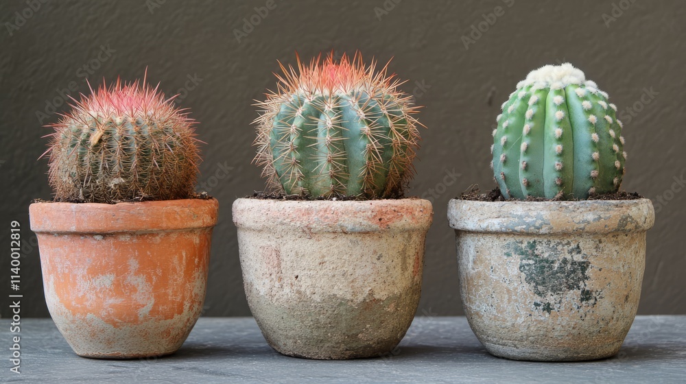 Colorful cacti in rustic clay pots arranged on a wooden table against a neutral background showcasing vibrant desert greenery