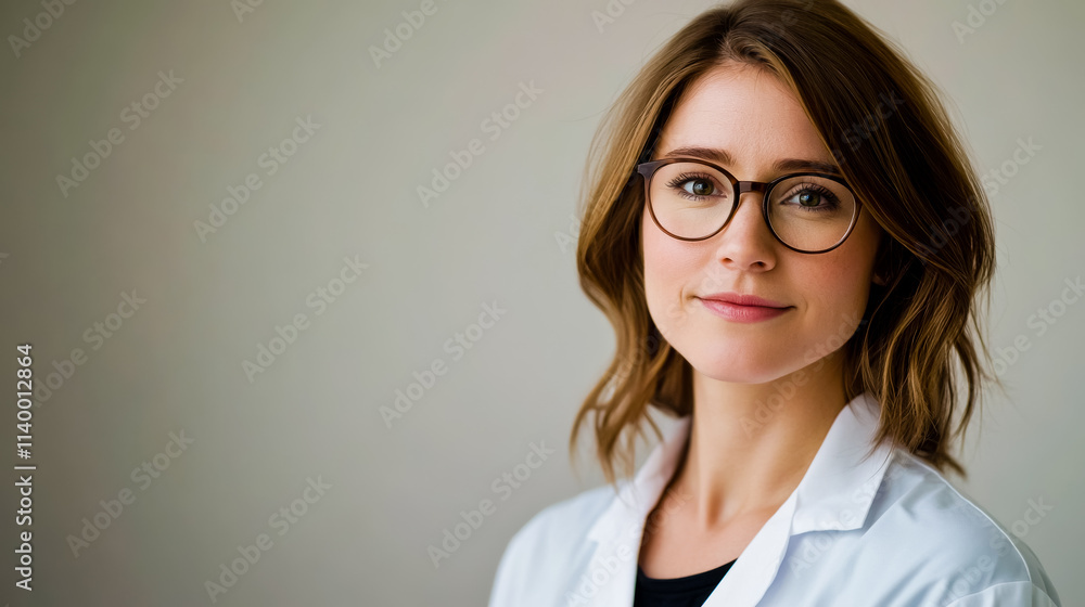 25-year-old woman with glasses and brown hair, wearing a crisp white doctor's gown. 25-year-old woman with glasses and brown hair, wearing a crisp white doctor's gown.