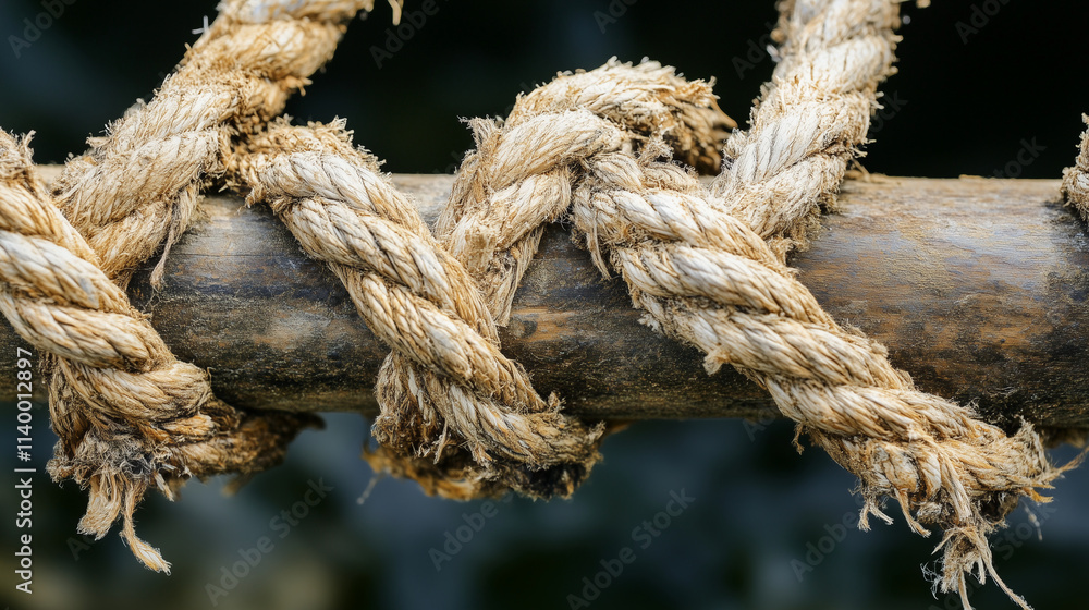 rope bridge with visibly frayed and unraveling ropes, spanning a gap rope bridge with visibly frayed and unraveling ropes, spanning a gap