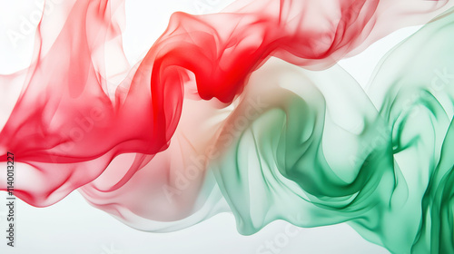 Abstract flowing cloud of green and red fabric-like forms, airy geometric shape. Generative AI