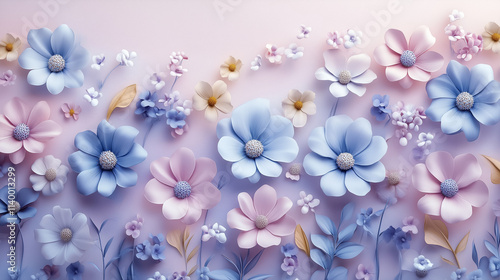 Fototapeta Naklejka Na Ścianę i Meble -  A seamless pattern of spring flowers with 3D textures and volumetric shadows on a pastel background