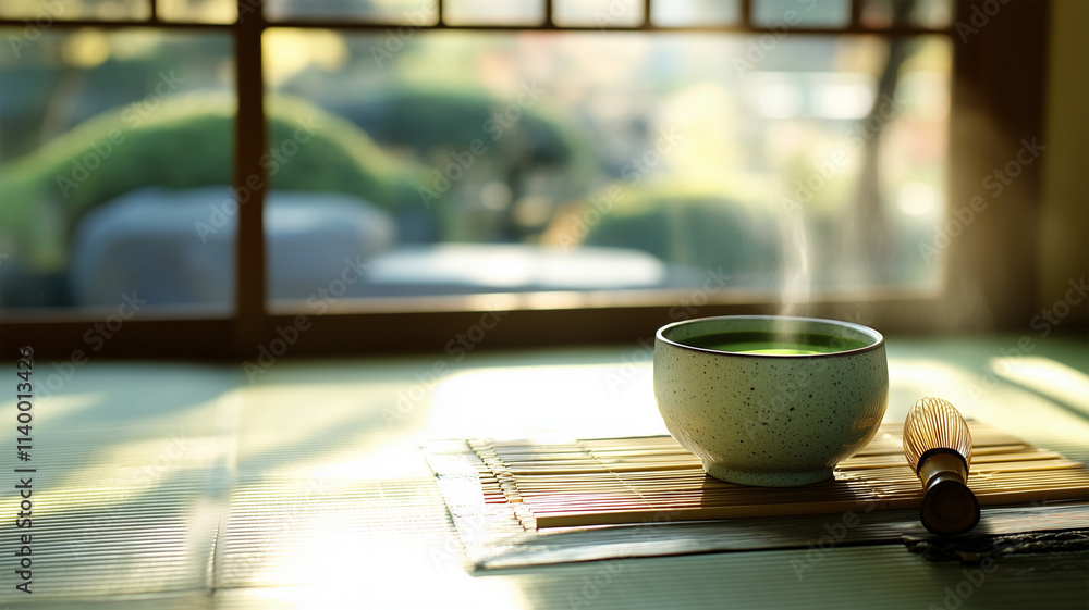 自然光が彩る茶室の抹茶と茶器、静寂の美 自然光が彩る茶室の抹茶と茶器、静寂の美