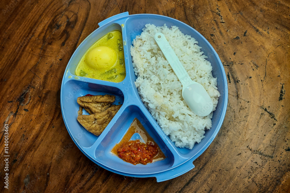 Rice side dishes in a blue Tupperware lunch box on the table Rice side dishes in a blue Tupperware lunch box on the table