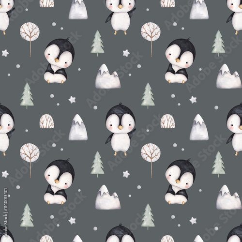 Penguins. Watercolor hand-drawn seamless pattern with cute baby penguins, snowy mountains and winter tree on gray backgroun.