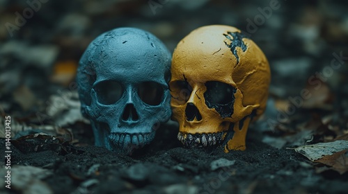 Two painted skulls, one blue and one yellow, rest in the dirt with fallen leaves around them.