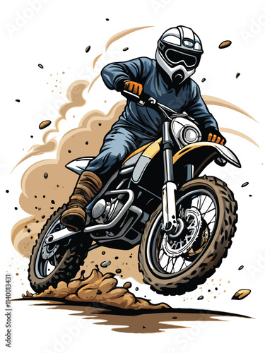A lone motorcycle racer speeds through a sun-drenched desert, kicking up a cloud of dust during a thrilling rally race.