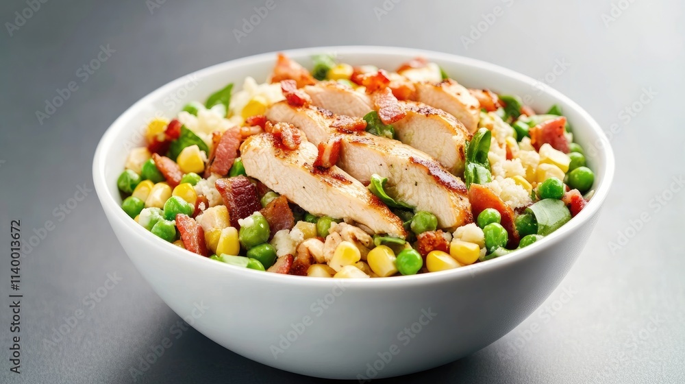 Healthy Caesar salad bowl with chicken bacon peas and corn garnished with parmesan cheese on a gray background ideal for food promotion Healthy Caesar salad bowl with chicken bacon peas and corn garnished with parmesan cheese on a gray background ideal for food promotion