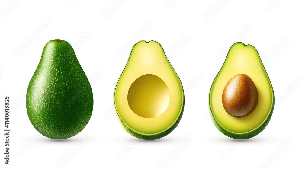 Three avocados showing whole, halved, and pitted views for culinary presentations. Three avocados showing whole, halved, and pitted views for culinary presentations.