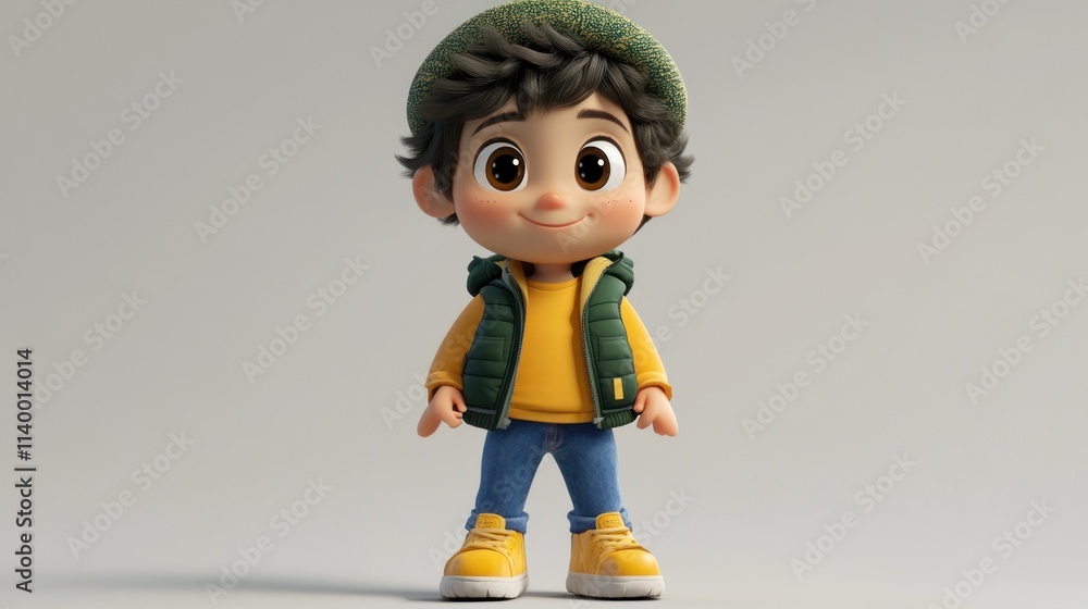 A cheerful cartoon boy in casual attire with a green vest and yellow shoes. A cheerful cartoon boy in casual attire with a green vest and yellow shoes.