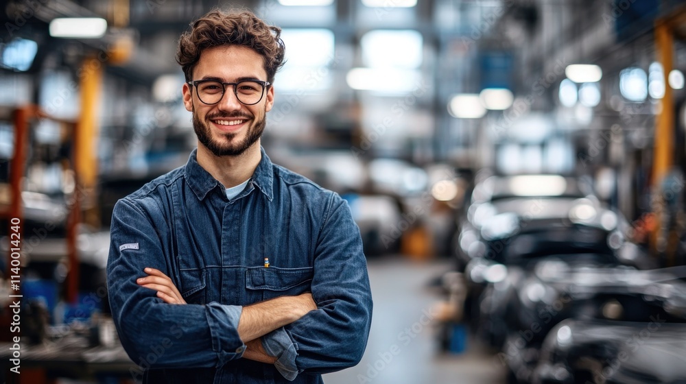 A smiling man in a workshop, showcasing confidence and a professional environment. A smiling man in a workshop, showcasing confidence and a professional environment.