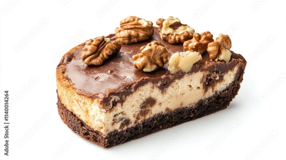 Decadent walnut cake slice with chocolate topping on a clean white background showcasing rich textures and flavors of indulgence Decadent walnut cake slice with chocolate topping on a clean white background showcasing rich textures and flavors of indulgence