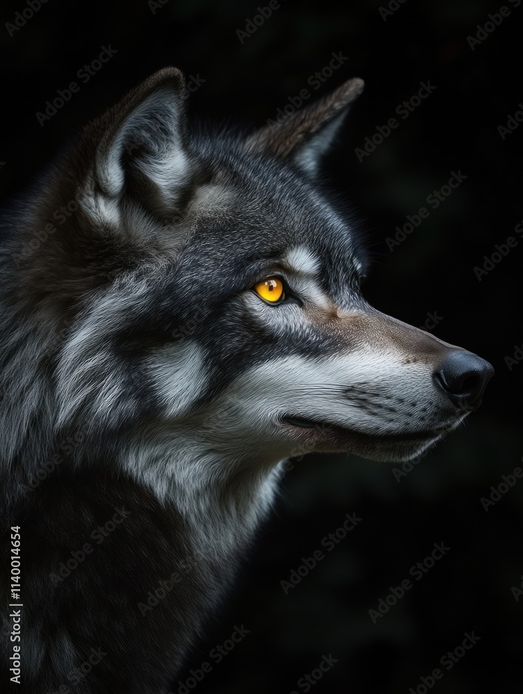 A close-up portrait of a wolf with striking yellow eyes against a dark background. A close-up portrait of a wolf with striking yellow eyes against a dark background.