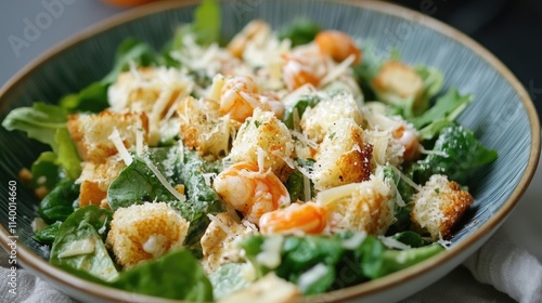 Fresh Caesar salad topped with succulent prawns, crispy croutons, and shredded cheese on a rustic green dish photo