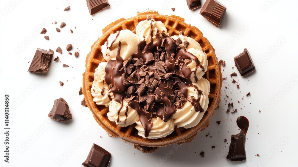 Delicious chocolate topped waffle dessert with creamy icing and chocolate shavings on a white background Delicious chocolate topped waffle dessert with creamy icing and chocolate shavings on a white background