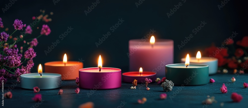 Colorful burning candles with flowers on dark background creating a serene and inviting atmosphere for relaxation and ambiance. Colorful burning candles with flowers on dark background creating a serene and inviting atmosphere for relaxation and ambiance.