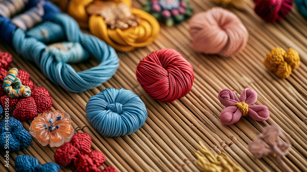 Traditional Chinese Lucky Knots and Colorful Silk Charms on Bamboo Mat Traditional Chinese Lucky Knots and Colorful Silk Charms on Bamboo Mat